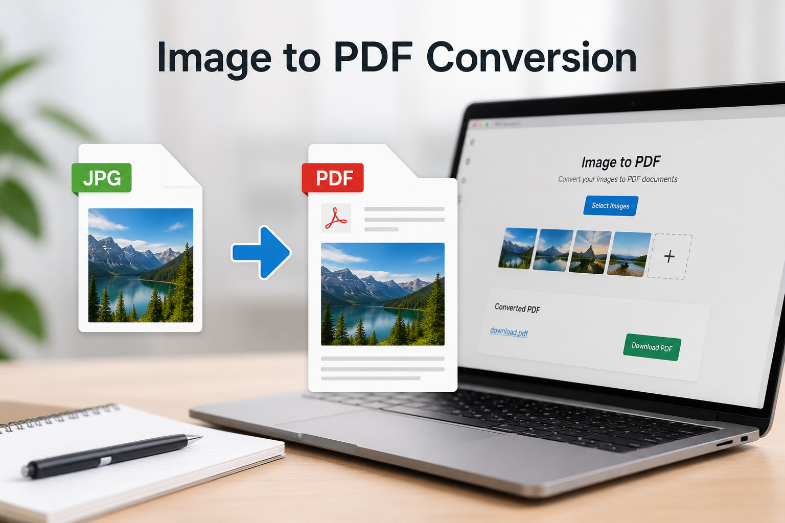 Demostración de imagen a PDF que muestra páginas de imágenes combinadas en un documento PDF